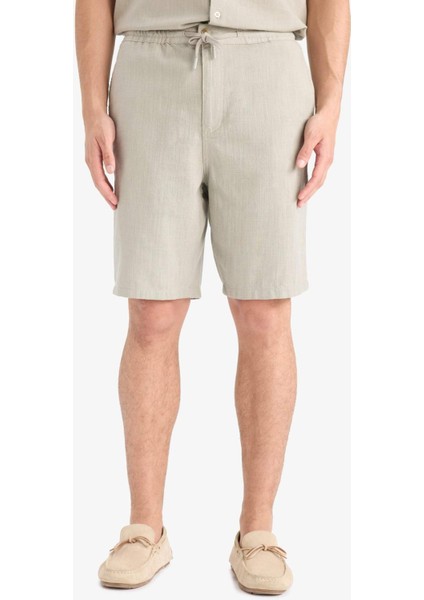 %100 Pamuk Relax Fit Cepli Keten Görünümlü Bermuda Şort C7381AX25SM