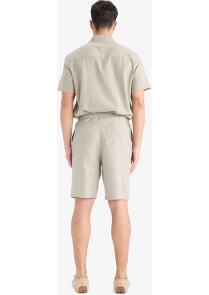 %100 Pamuk Relax Fit Cepli Keten Görünümlü Bermuda Şort C7381AX25SM