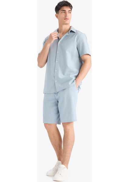 %100 Pamuk Relax Fit Cepli Keten Görünümlü Bermuda Şort C7381AX25SM