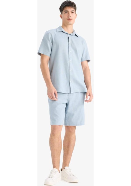%100 Pamuk Relax Fit Cepli Keten Görünümlü Bermuda Şort C7381AX25SM