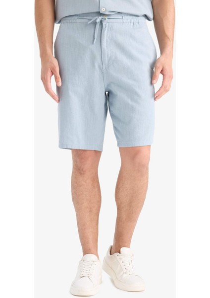 %100 Pamuk Relax Fit Cepli Keten Görünümlü Bermuda Şort C7381AX25SM