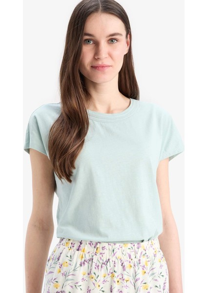 Bisiklet Yaka Basic Düz Flamlı Pamuk Kısa Kollu Tişört E1159AX25SM