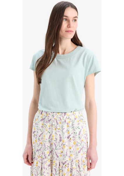 Bisiklet Yaka Basic Düz Flamlı Pamuk Kısa Kollu Tişört E1159AX25SM