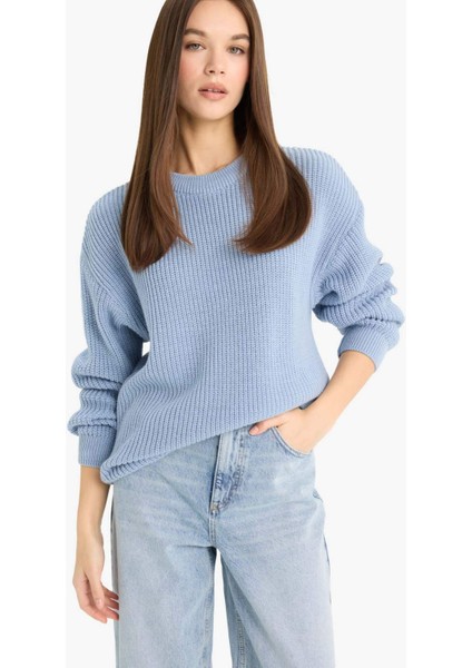 Regular Fit Bisiklet Yaka Selanik Kumaş Basic Düz Triko Kazak