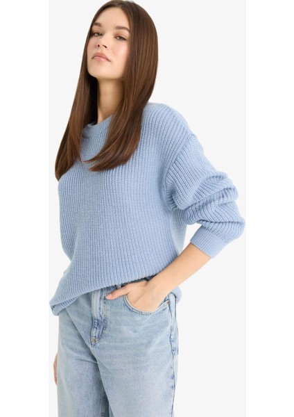 Regular Fit Bisiklet Yaka Selanik Kumaş Basic Düz Triko Kazak