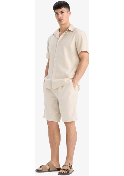 %100 Pamuk Relax Fit Cepli Keten Görünümlü Bermuda Şort