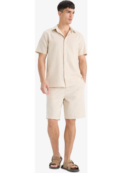 %100 Pamuk Relax Fit Cepli Keten Görünümlü Bermuda Şort