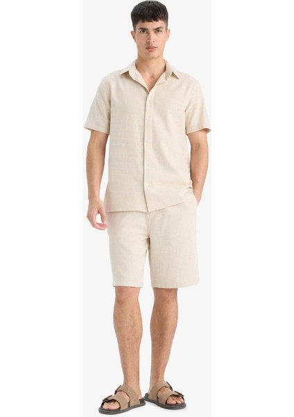 %100 Pamuk Relax Fit Cepli Keten Görünümlü Bermuda Şort