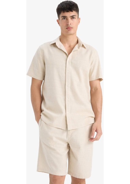 %100 Pamuk Relax Fit Cepli Keten Görünümlü Bermuda Şort