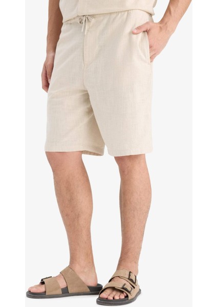 %100 Pamuk Relax Fit Cepli Keten Görünümlü Bermuda Şort