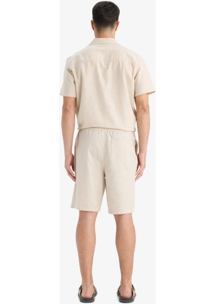 %100 Pamuk Relax Fit Cepli Keten Görünümlü Bermuda Şort