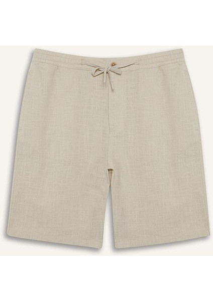 %100 Pamuk Relax Fit Cepli Keten Görünümlü Bermuda Şort