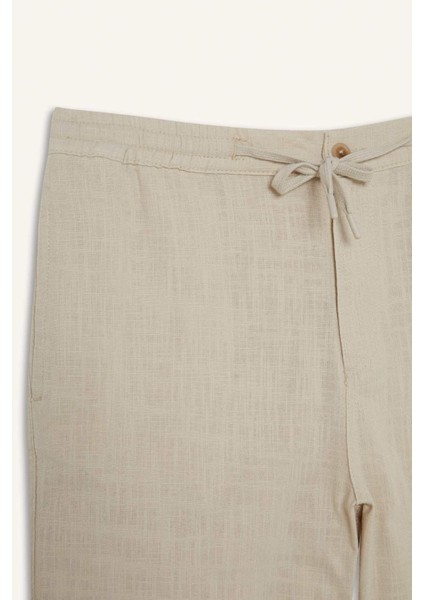 %100 Pamuk Relax Fit Cepli Keten Görünümlü Bermuda Şort