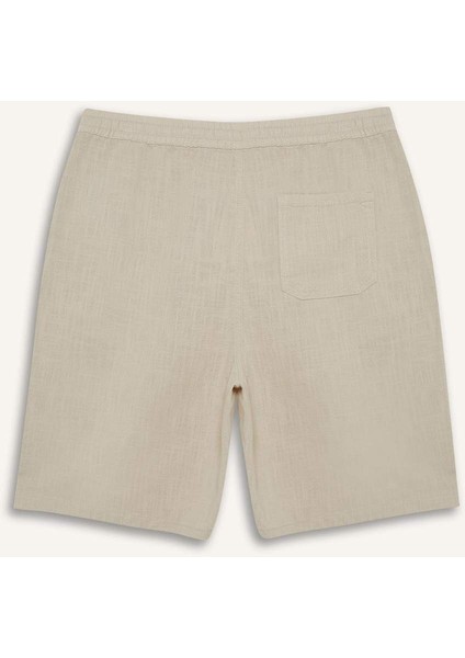 %100 Pamuk Relax Fit Cepli Keten Görünümlü Bermuda Şort