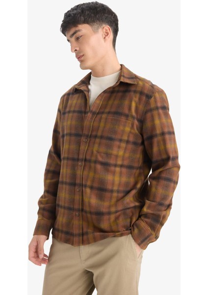 Regular Fit Polo Yaka Kareli Flanel Uzun Kollu Gömlek E8183AX25WN