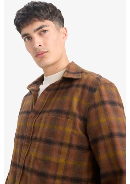 Regular Fit Polo Yaka Kareli Flanel Uzun Kollu Gömlek E8183AX25WN