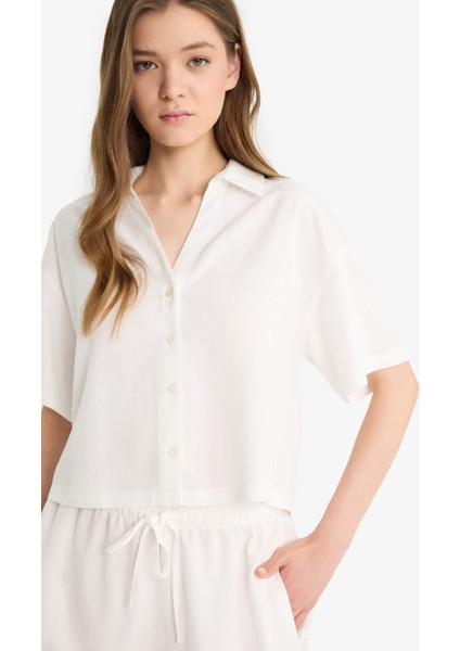 Oversize Geniş Kalıp Keten Karışımlı Kısa Kollu Beyaz Gömlek C3807AX25SM