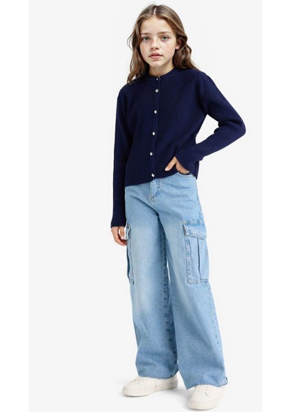 Kız Çocuk Bisiklet Yaka Düğmeli Triko Hırka