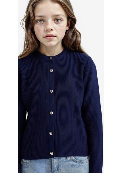 Kız Çocuk Bisiklet Yaka Düğmeli Triko Hırka