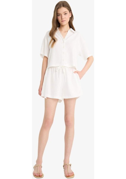 Oversize Geniş Kalıp Keten Karışımlı Kısa Kollu Beyaz Gömlek C3807AX25SM