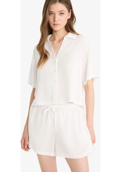 Oversize Geniş Kalıp Keten Karışımlı Kısa Kollu Beyaz Gömlek C3807AX25SM