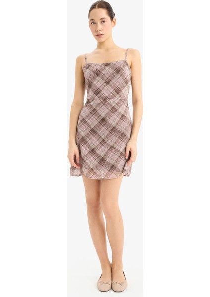 Coool Askılı Kareli Şifon Askılı Mini Elbise