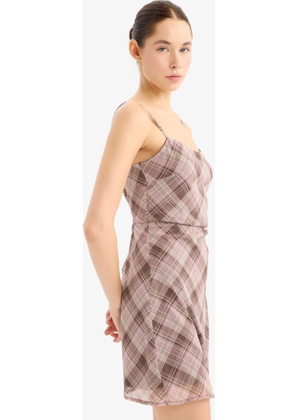 Coool Askılı Kareli Şifon Askılı Mini Elbise