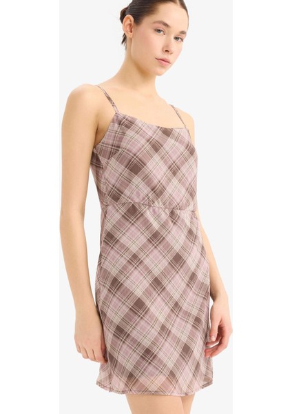 Coool Askılı Kareli Şifon Askılı Mini Elbise