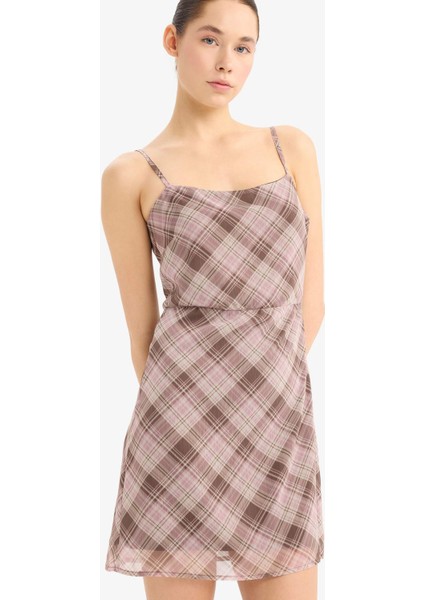 Coool Askılı Kareli Şifon Askılı Mini Elbise