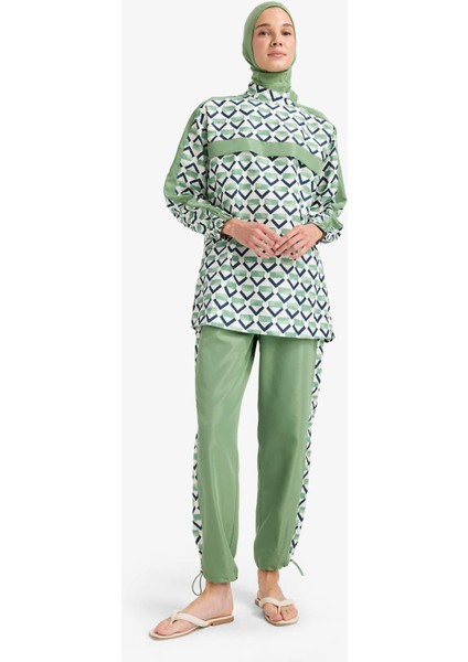 Regular Fit Su İtici 3'lü Desenli Burkini Tesettür Mayo Takım E7996AX25HS