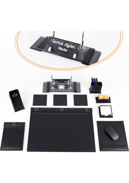 9 Parça Siyah Sümen Takımı – Kristal Ayaklı İsimlik (33x10 cm) ve Lüks Deri Ofis Aksesuar Seti