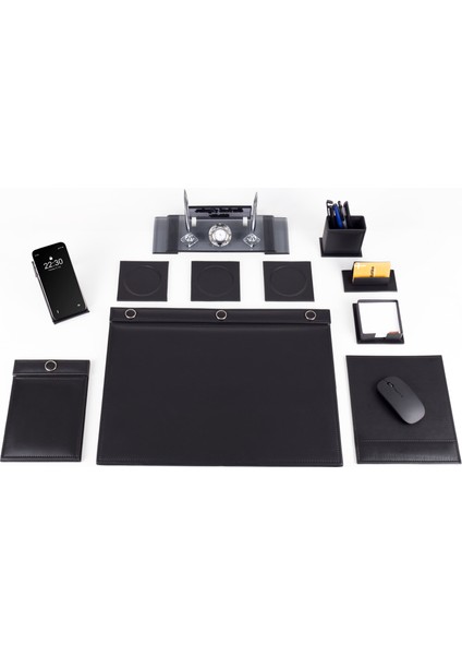 9 Parça Siyah Sümen Takımı – Kristal Ayaklı İsimlik (33x10 cm) ve Lüks Deri Ofis Aksesuar Seti modelleri