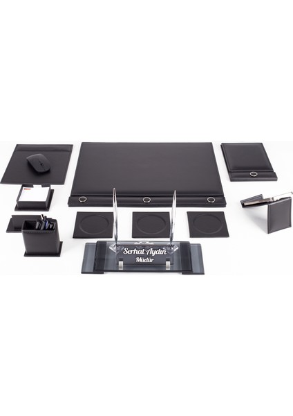 9 Parça Siyah Sümen Takımı – Kristal Ayaklı İsimlik (33x10 cm) ve Lüks Deri Ofis Aksesuar Seti fırsatları