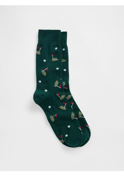 Erkek Yeşil Grafik Baskılı Çorap