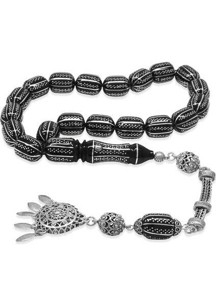 Premium Kutulu - Erzurum Oltu Efe Tesbih - 925 Ayar Gümüş Püskül - Gümüş Yatay Nokta Şerit Işlemeli fiyatları