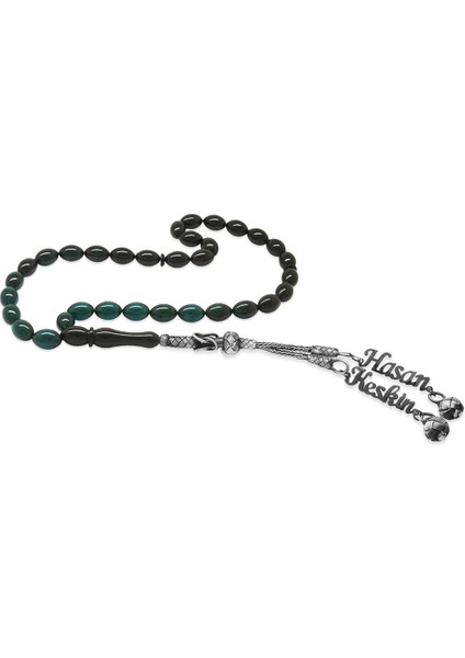 1000 Ayar Gümüş Çift Kazaz Püsküllü Arpa Kesim Isim Yazılı Turkuaz Ateş Kehribar Tesbih