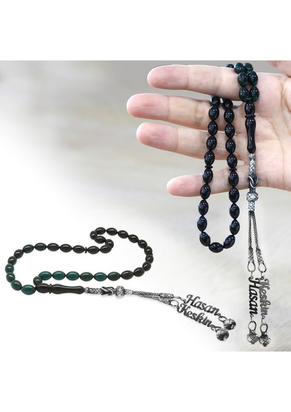 1000 Ayar Gümüş Çift Kazaz Püsküllü Arpa Kesim Isim Yazılı Turkuaz Ateş Kehribar Tesbih fiyatları