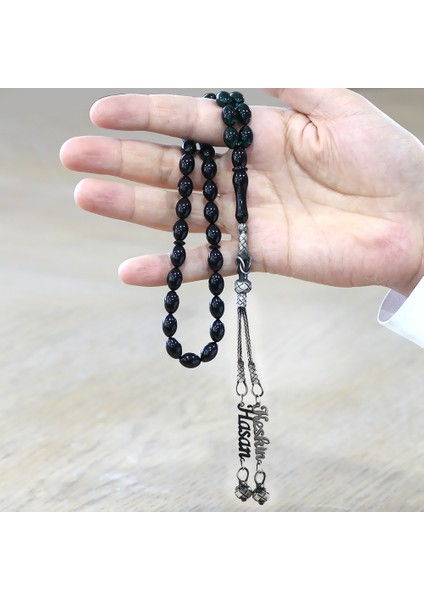 1000 Ayar Gümüş Çift Kazaz Püsküllü Arpa Kesim Isim Yazılı Turkuaz Ateş Kehribar Tesbih modelleri