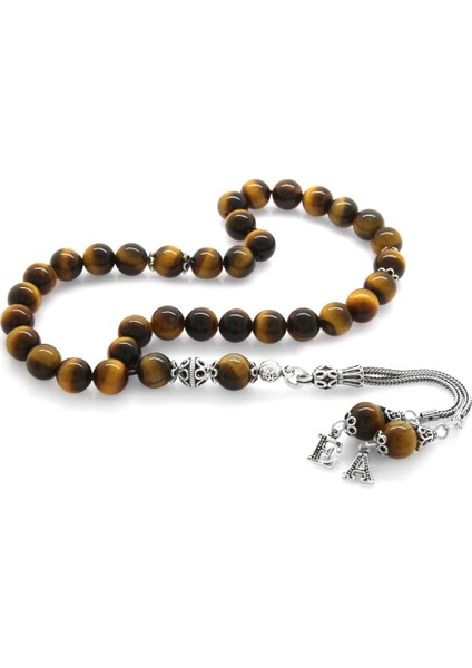 925 Ayar Gümüş Çift Harf Püsküllü Küre Kesim Kaplan Gözü Doğaltaş Tesbih