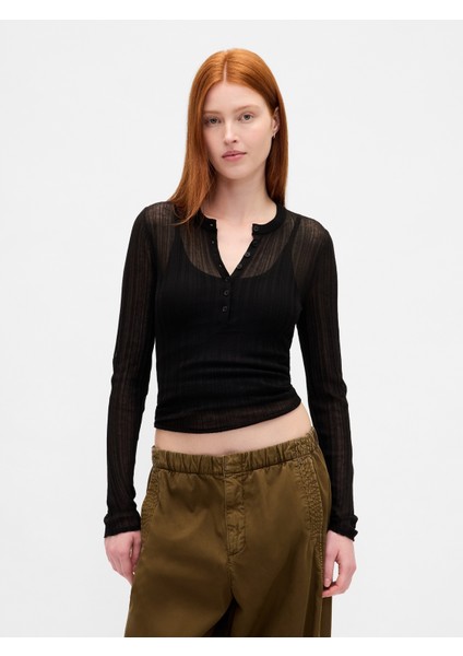 Kadın Siyah Transparan Fitilli Henley Kazak
