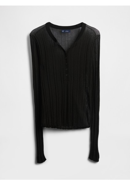 Kadın Siyah Transparan Fitilli Henley Kazak fiyatları