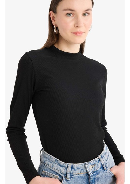 Yarım Balıkçı Yaka Basic Düz Fitilli Kaşkorse Uzun Kollu Tişört