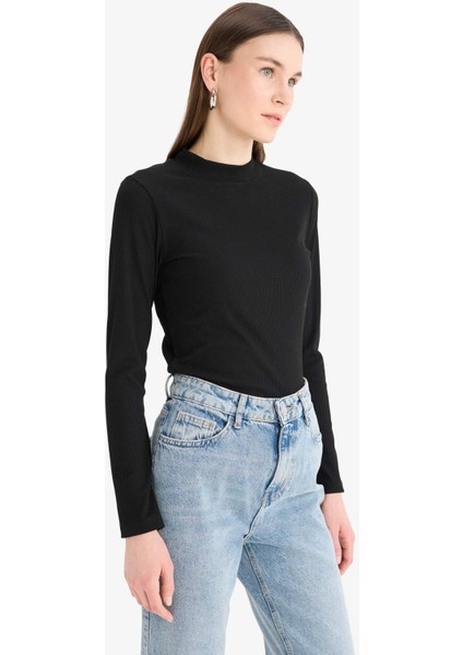 Yarım Balıkçı Yaka Basic Düz Fitilli Kaşkorse Uzun Kollu Tişört