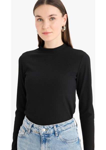 Yarım Balıkçı Yaka Basic Düz Fitilli Kaşkorse Uzun Kollu Tişört