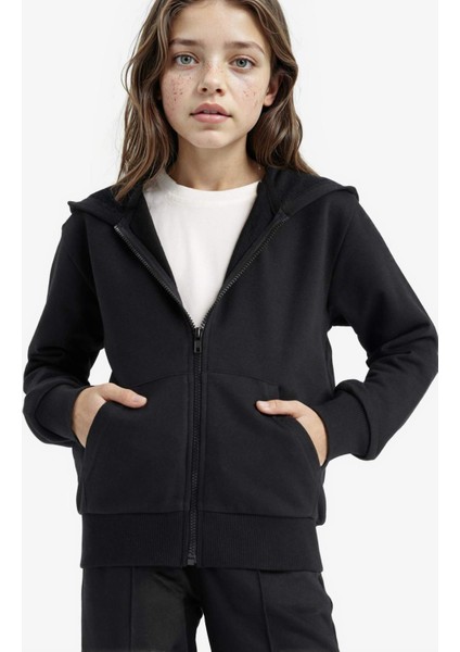 Kız Çocuk Basic Düz Kapüşonlu Okul Fermuarlı Sweatshirt