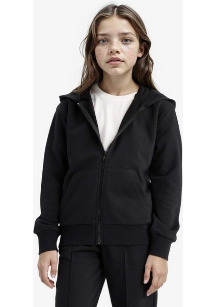 Kız Çocuk Basic Düz Kapüşonlu Okul Fermuarlı Sweatshirt