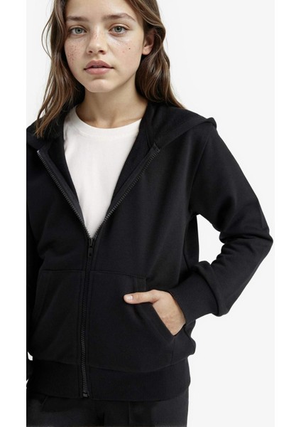 Kız Çocuk Basic Düz Kapüşonlu Okul Fermuarlı Sweatshirt
