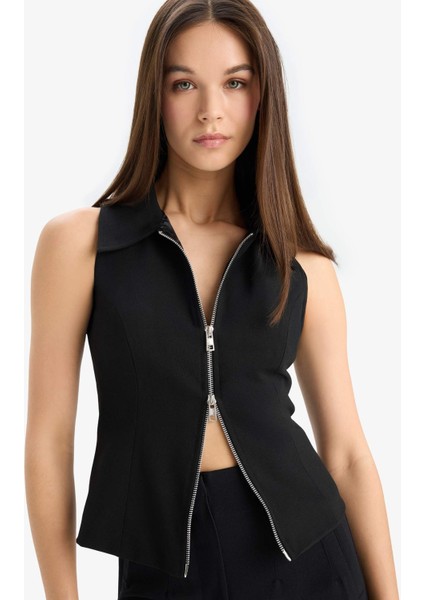 Afra x DeFacto Polo Yaka Fermuarlı Kolsuz Hırka E5969AX25SP