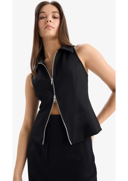 Afra x DeFacto Polo Yaka Fermuarlı Kolsuz Hırka E5969AX25SP