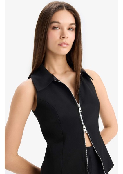 Afra x DeFacto Polo Yaka Fermuarlı Kolsuz Hırka E5969AX25SP